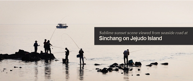 Sublime sunset scene viewed from seaside road at Sinchang on Jejudo Island